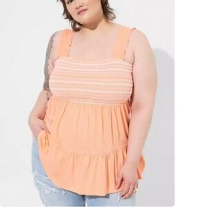 Torrid Papaya Punch Cotton Modal Slub Square Neck Smocked Babydoll Tank